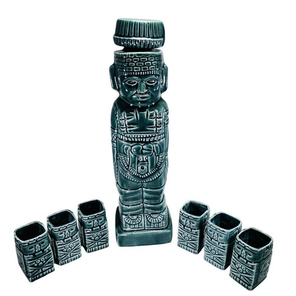 Vtg 1960 Ceramic Tiki Decanter Cork Shot Glasses Aztec Mayan Idol Green Set of 7 - Picture 1 of 16